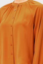 Button Front Poly Twill Crepe Ruched Blouse