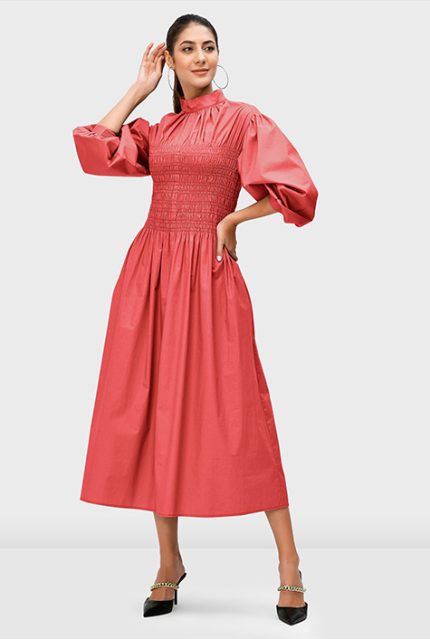 Smocked Cotton Poplin Dress | High-Neck Puff-Sleeve Midi Dress