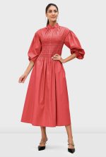 Smocked Cotton Poplin Dress | High-Neck Puff-Sleeve Midi Dress