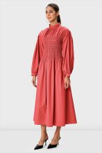 Smocked Cotton Poplin Dress | High-Neck Puff-Sleeve Midi Dress