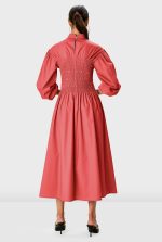 Smocked Cotton Poplin Dress | High-Neck Puff-Sleeve Midi Dress