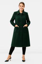 Melton-Look Long Coat | Green Woolly-Texture Tailored Outerwear