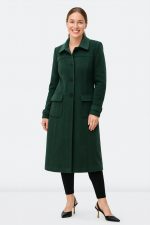 Melton-Look Long Coat | Green Woolly-Texture Tailored Outerwear
