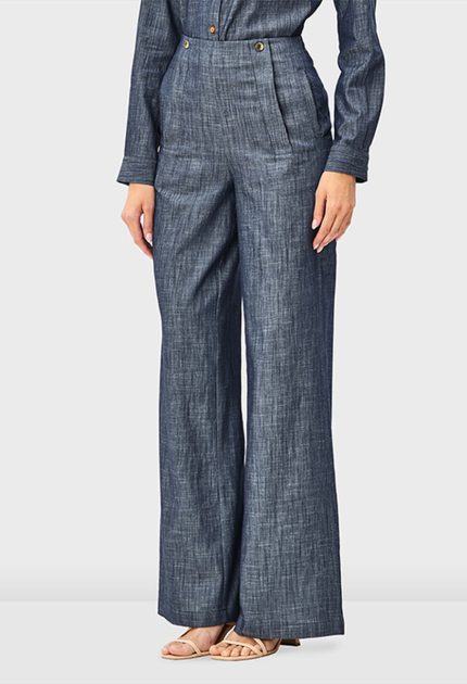 Cotton Chambray Wide-Leg Pants | High-Waist Relaxed Work-Casual Trousers