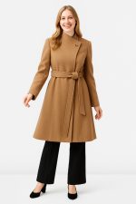Envelope Collar Melton-Look Sash-Tie Coat | Trapunto-Collar Tan Winter Coat