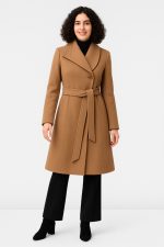 Envelope Collar Melton-Look Sash-Tie Coat | Trapunto-Collar Tan Winter Coat