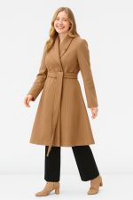 Envelope Collar Melton-Look Sash-Tie Coat | Trapunto-Collar Tan Winter Coat
