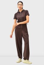 Zip-Front Cotton Jersey Hoodie Jumpsuit | Short-Sleeve Drawstring Waist One-Piece