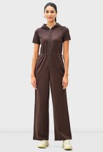 Zip-Front Cotton Jersey Hoodie Jumpsuit | Short-Sleeve Drawstring Waist One-Piece