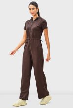 Zip-Front Cotton Jersey Hoodie Jumpsuit | Short-Sleeve Drawstring Waist One-Piece