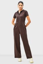 Zip-Front Cotton Jersey Hoodie Jumpsuit | Short-Sleeve Drawstring Waist One-Piece
