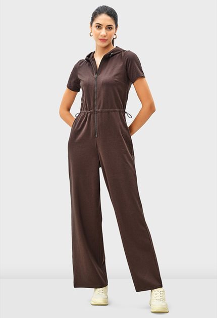 Zip-Front Cotton Jersey Hoodie Jumpsuit | Short-Sleeve Drawstring Waist One-Piece