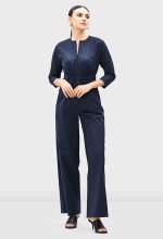 Zip-Front Cotton Poplin Elastic Waist Jumpsuit | Straight-Leg Work-Casual One-Piece