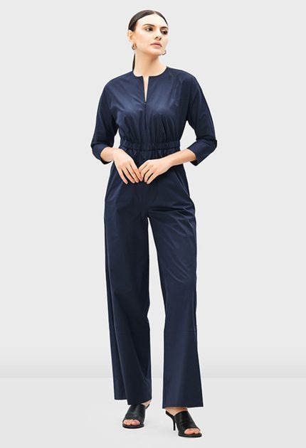 Zip-Front Cotton Poplin Elastic Waist Jumpsuit | Straight-Leg Work-Casual One-Piece