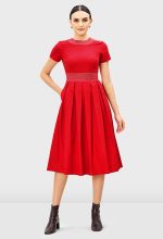 Trapunto Trim Cotton Poplin Dress | Short-Sleeve Fit-and-Flare Midi Dress