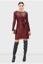 Sash Tie Sequin Mesh Sheath Dress | Long-Sleeve Sparkle Party Dress