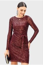 Sash Tie Sequin Mesh Sheath Dress | Long-Sleeve Sparkle Party Dress