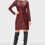 Sash Tie Sequin Mesh Sheath Dress | Long-Sleeve Sparkle Party Dress