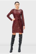 Sash Tie Sequin Mesh Sheath Dress | Long-Sleeve Sparkle Party Dress