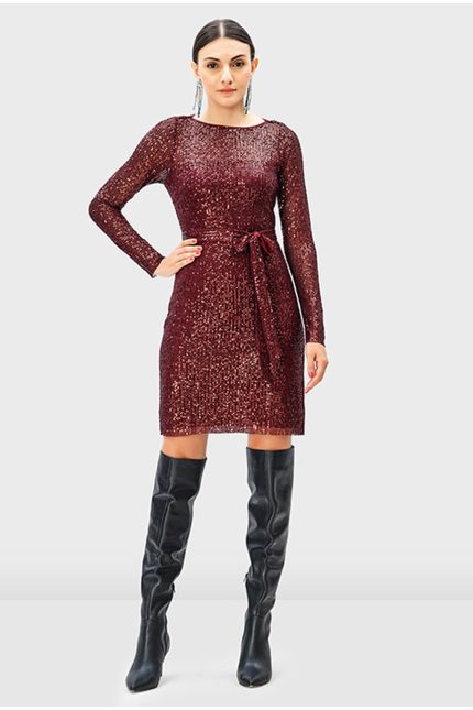 Sash Tie Sequin Mesh Sheath Dress | Long-Sleeve Sparkle Party Dress