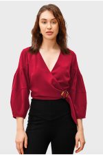 Ruched Sleeve Crepe Crop Wrap Top | V-Neck Belted Smart-Casual Blouse