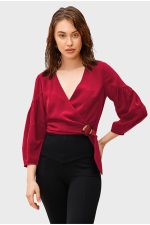 Ruched Sleeve Crepe Crop Wrap Top | V-Neck Belted Smart-Casual Blouse