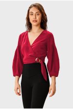 Ruched Sleeve Crepe Crop Wrap Top | V-Neck Belted Smart-Casual Blouse