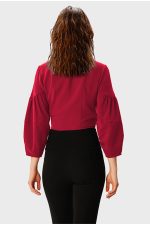 Ruched Sleeve Crepe Crop Wrap Top | V-Neck Belted Smart-Casual Blouse