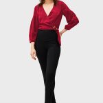 Ruched Sleeve Crepe Crop Wrap Top | V-Neck Belted Smart-Casual Blouse