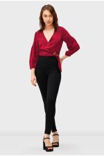 Ruched Sleeve Crepe Crop Wrap Top | V-Neck Belted Smart-Casual Blouse