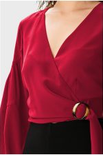 Ruched Sleeve Crepe Crop Wrap Top | V-Neck Belted Smart-Casual Blouse