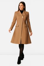 Melton-Look Frock Coat | Tailored Tan Wrap-Front Winter Coat