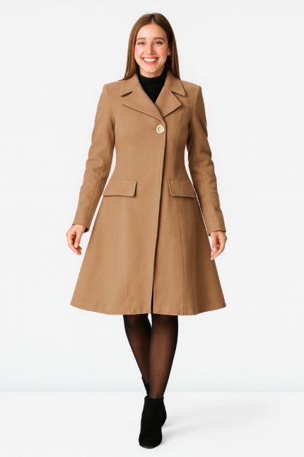 Melton-Look Frock Coat | Tailored Tan Wrap-Front Winter Coat