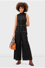 Wide-Leg Cotton Poplin Jumpsuit | Sleeveless High-Neck Contrast-Stitch One-Piece