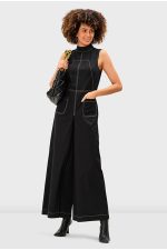 Wide-Leg Cotton Poplin Jumpsuit | Sleeveless High-Neck Contrast-Stitch One-Piece