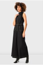 Wide-Leg Cotton Poplin Jumpsuit | Sleeveless High-Neck Contrast-Stitch One-Piece