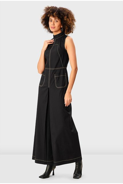 Wide-Leg Cotton Poplin Jumpsuit | Sleeveless High-Neck Contrast-Stitch One-Piece