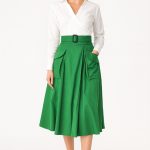 Cargo Pocket Cotton Poplin Faux-Wrap Skirt | High-Waist A-Line Midi Skirt