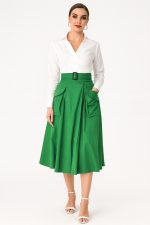 Cargo Pocket Cotton Poplin Faux-Wrap Skirt | High-Waist A-Line Midi Skirt