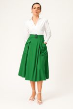 Cargo Pocket Cotton Poplin Faux-Wrap Skirt | High-Waist A-Line Midi Skirt
