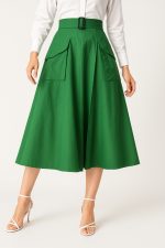 Cargo Pocket Cotton Poplin Faux-Wrap Skirt | High-Waist A-Line Midi Skirt