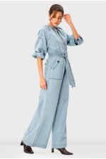Zip-Front Cotton Denim Palazzo Jumpsuit | Light Wash Wide-Leg Belted One-Piece