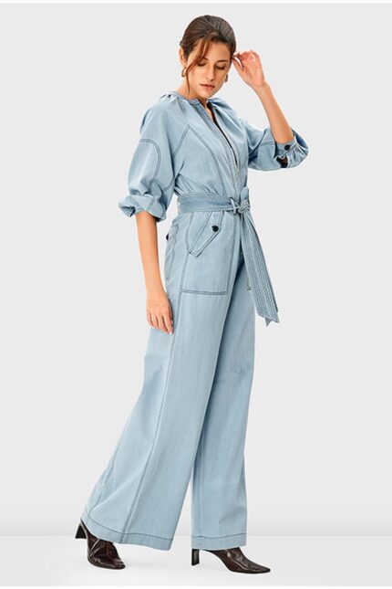 Zip-Front Cotton Denim Palazzo Jumpsuit | Light Wash Wide-Leg Belted One-Piece