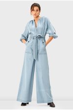 Zip-Front Cotton Denim Palazzo Jumpsuit | Light Wash Wide-Leg Belted One-Piece