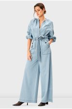 Zip-Front Cotton Denim Palazzo Jumpsuit | Light Wash Wide-Leg Belted One-Piece