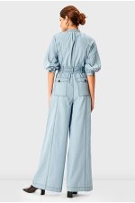 Zip-Front Cotton Denim Palazzo Jumpsuit | Light Wash Wide-Leg Belted One-Piece